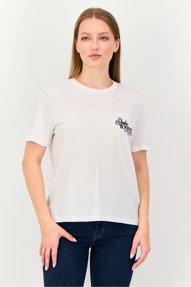 Women Crew Neck Short Sleeve Embroidered T-Shirt, White