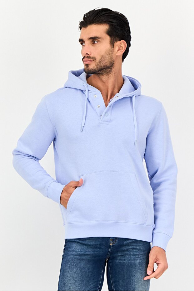 هودي رجالي سادة بأكمام طويلة، أزرق فاتح - 1