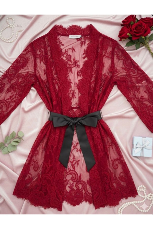 Short red lace robe