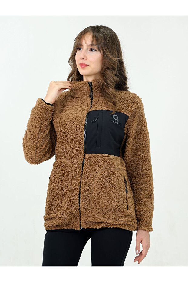 3-Pocket Zippered Brown Welsoft Women's Fleece Winter Jacket