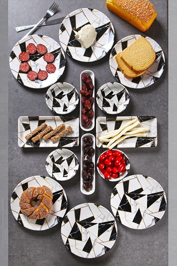 14 Pieces Handmade Marble Pattern Breakfast Set for 6 People - Luxury Breakfast Presentation Set