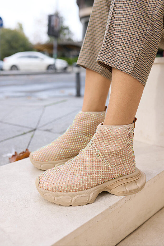 Dejaa Women's Beige Nude Stone Sneaker Boots