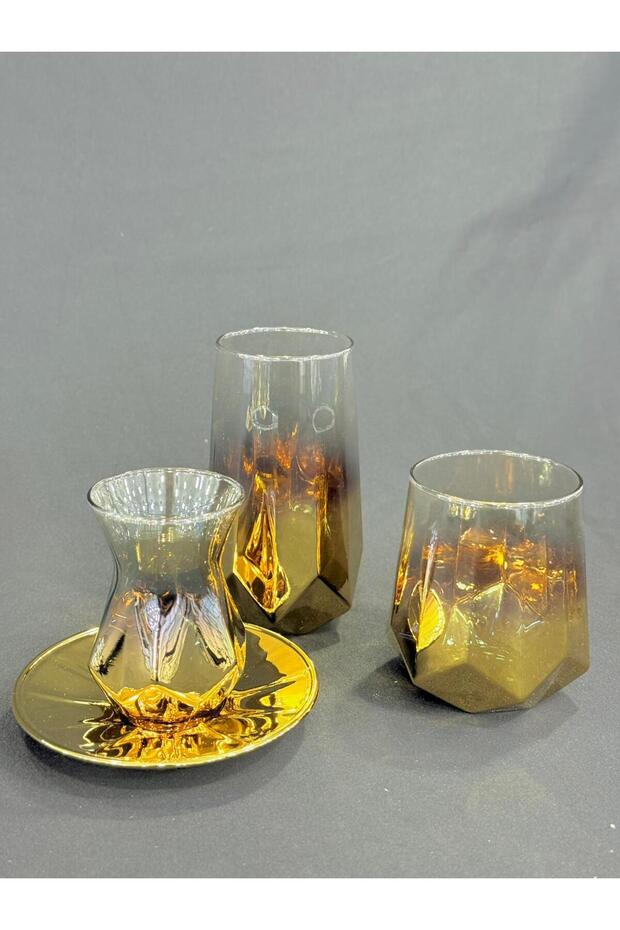 Titanium Coated 24 Piece Luxury Glass Cup Set – 6 Tall Glasses + 6 Short Glasses + 6 Tea Glasses