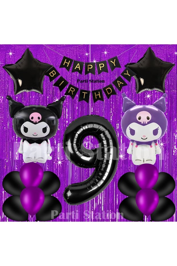 Kuromi Concept 9Th Birthday Balloon Set with Purple Curtain and Black Number Balloons