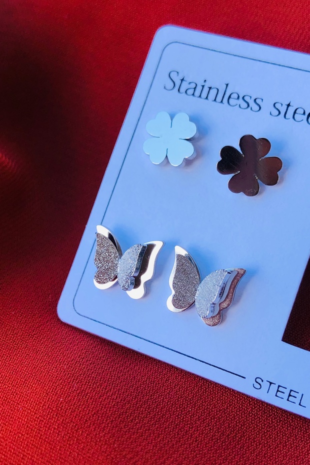 3lü Set Kadın Çelik Küpe - 2