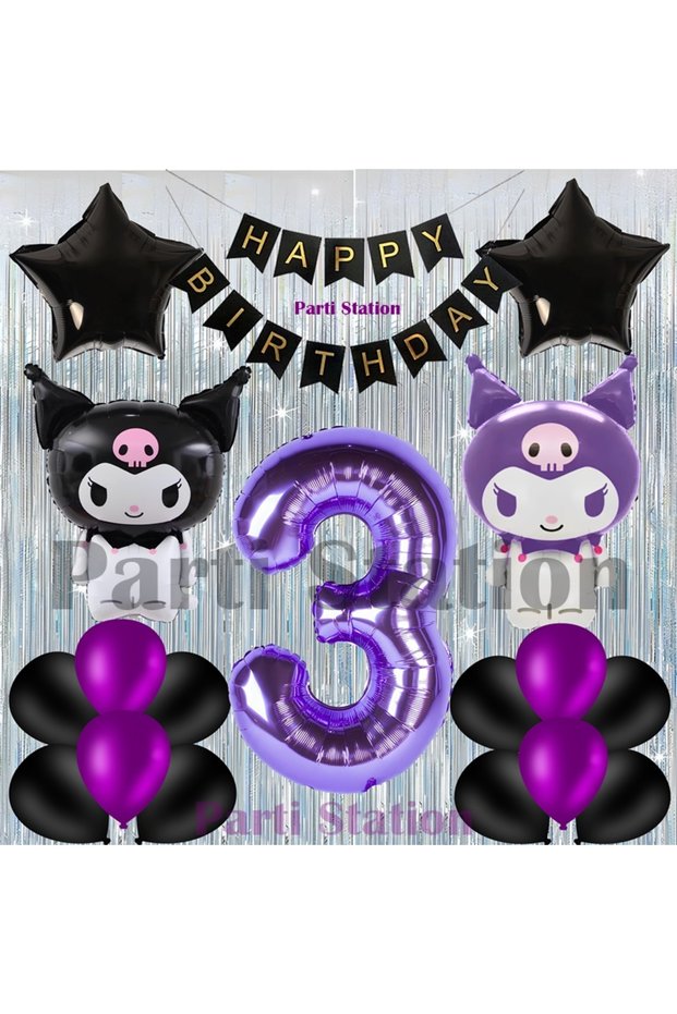 Kuromi Concept 3Rd Birthday Balloon Set with Curtain and Purple Number Balloons