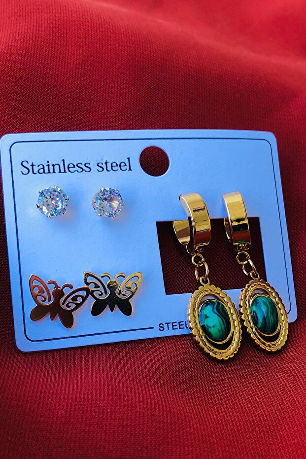 3lü Set Kadın Çelik Küpe - 2