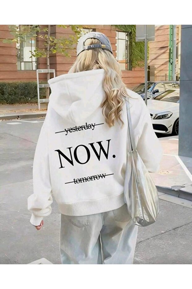 Yesterday Now Tomorrow Printed Women/Men Unisex Oversized Hooded 3-Thread Sweatshirt