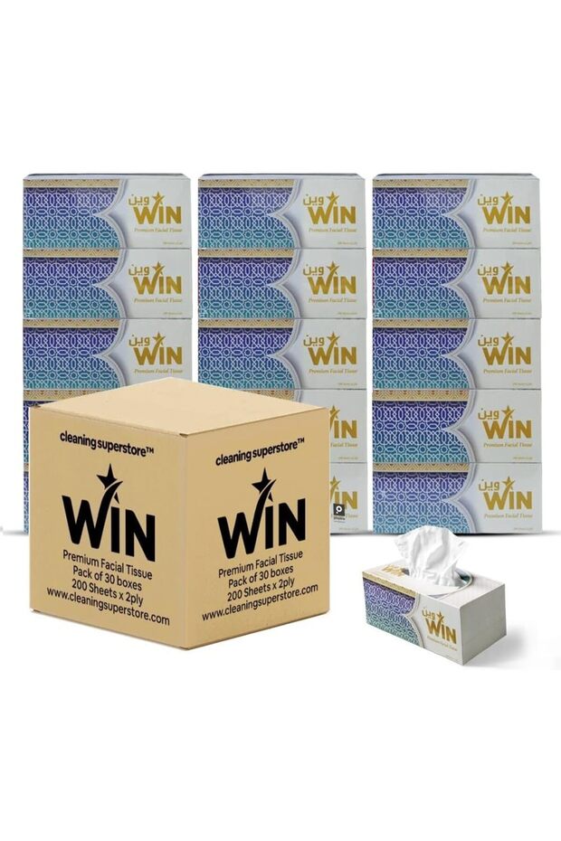 Win Premium Facial Tissue, 200 Sheets, 2-Ply, Total 6000 Sheets - Pack of 30 Cartons - Bulk Pack