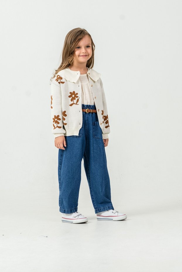 Girl's Knitwear Cardigan-Shirt-Denim Pants 3-Piece Set