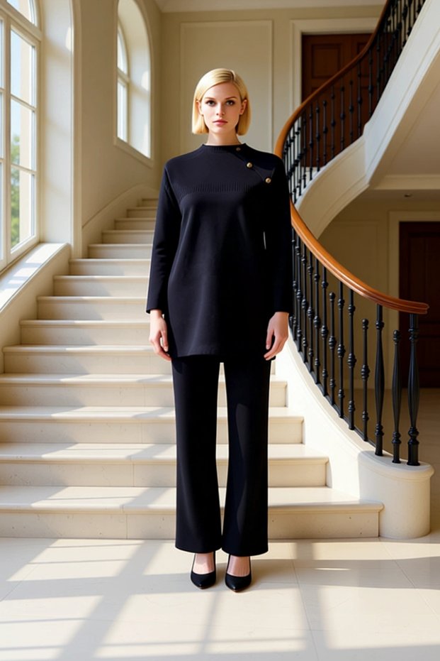 Women's Bottom Top Button Detailed Corded Fabric Collar Long Sleeve Knitwear Sweater and Comfortable Wide Leg Pants Set