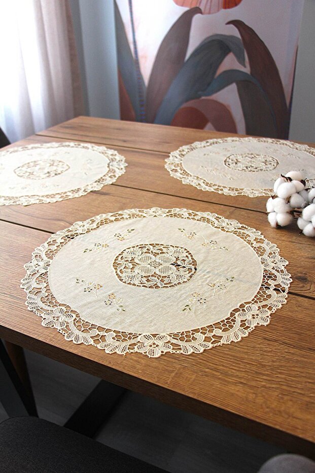 2' Round American Service Tablecloth with Lace Embroidery Appearance, 40 cm