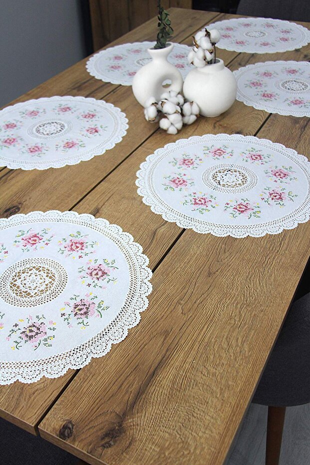 2' Round American Service Tablecloth with Lace Embroidery Appearance, 40 cm