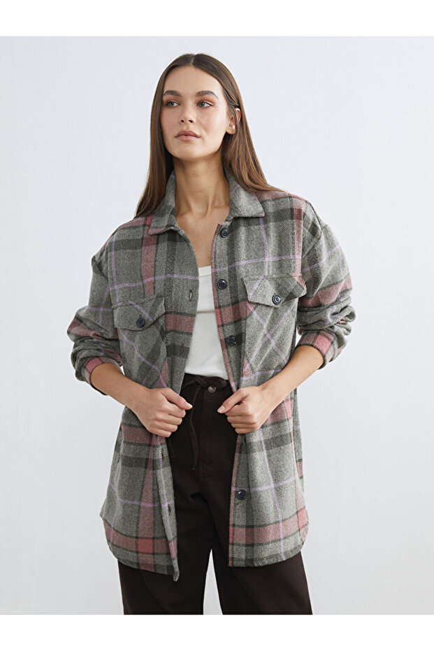 Esvab • Modern & Distinctive Checkered Embroidered Loose Fit Women's Lumberjack Shirt Jacket