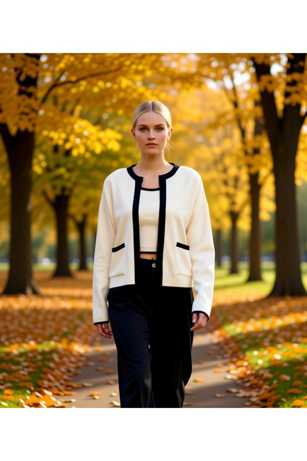 Women's Comfortable Two-Piece Knitwear Suit Low Sleeves Crew Neck Blouse and Open Cardigan Set Stylish
