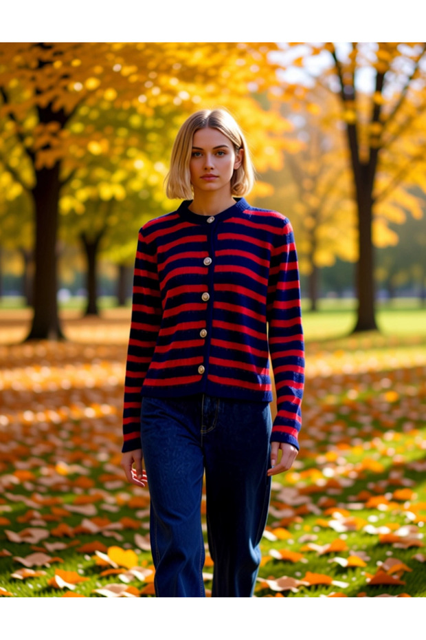 Women's Soft Textured Striped Crew Neck Long Sleeve Button down Regular Fit Knitwear Cardigan Comfortable and