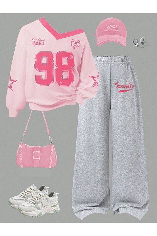 98 Printed Girl's Top and Bottom Set Pink Gray
