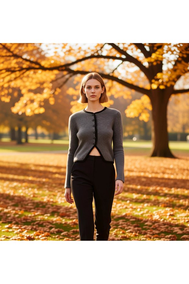 Women's Body-Fitting Ribbed Knit Crop Cardigan with Ribbon Buttons Piped Detail Stylish and Comfortable Sports