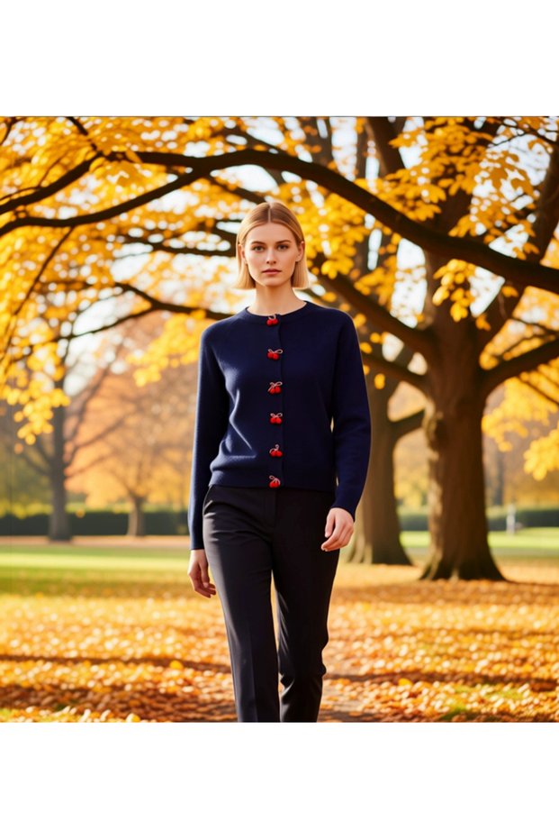 Women's Crew Neck Raglan Sleeve Cherry Detailed Buttoned Knit Cardigan Is a Must-Have Casual Combination Piece