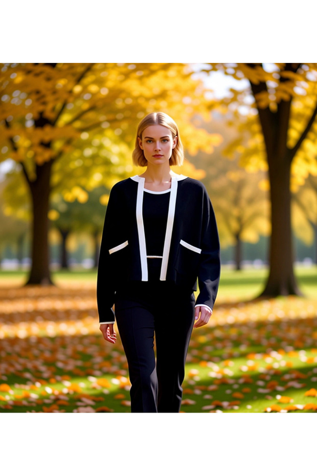Women's Comfortable Two-Piece Knitwear Suit Low Sleeves Crew Neck Blouse and Open Cardigan Set Stylish