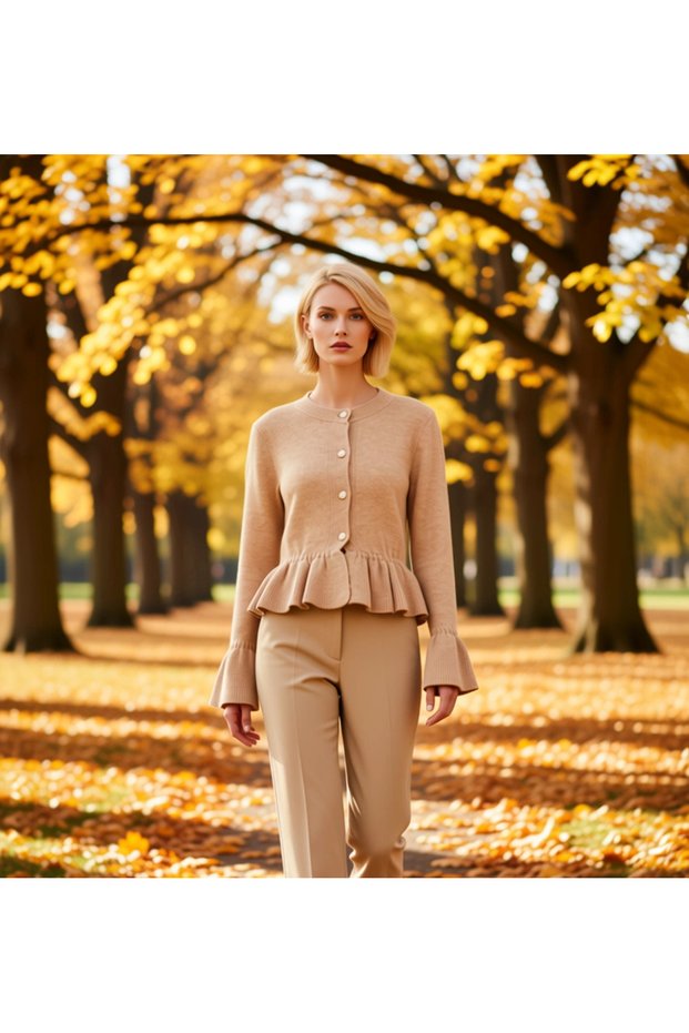 A Touch of Elegance for Women's Wardrobe Soft Textured Knitwear Cardigan Model with Peplum Detail