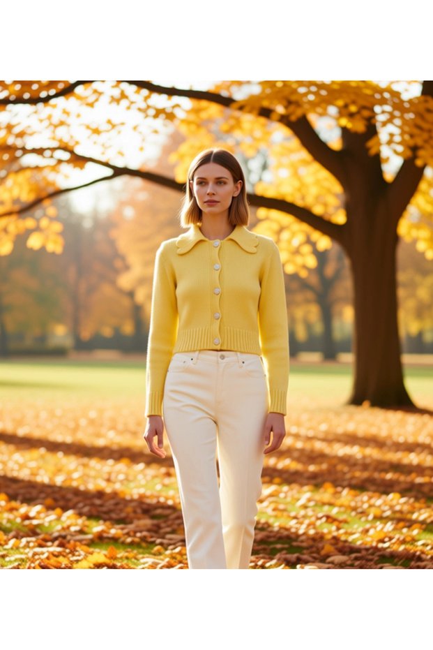 Women's Cropped Knitwear Cardigan Polo Neck Jewel Button Long Sleeve Regular Fit Slim Textured Stylish