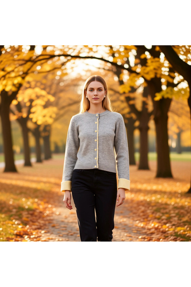 Women's Regular Cut Crew Neck Paneled Long Sleeve Knitwear Cardigan and Elegance Together Sports