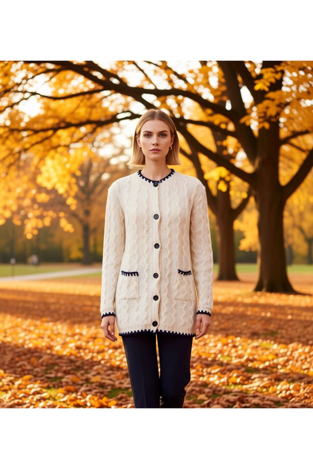Women's Hair Braid Patterned Contrast Detailed Buttoned Long Sleeve Knitwear Cardigan Comfortable Fit Daily Chic