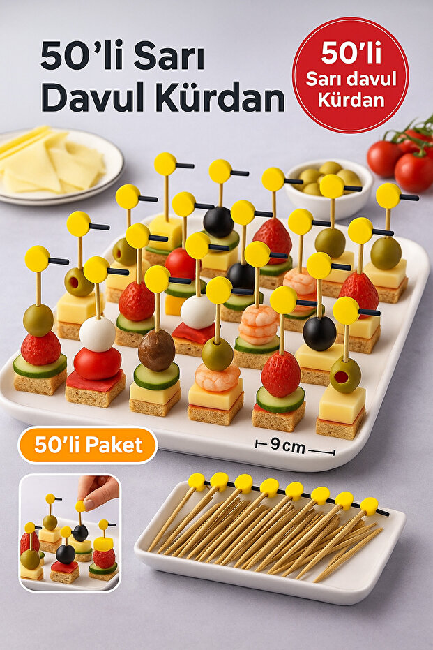 50 Pack Yellow Drum Toothpicks 12 cm – Decorative Toothpicks for Party, Presentation, Canape, Cocktail and Cheese Plate