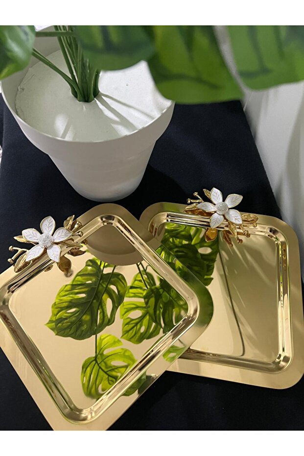 Single-Sided Gold 2-Piece Stainless Steel Coffee Presentation & Serving & Catering Tray with Daisy Accessories