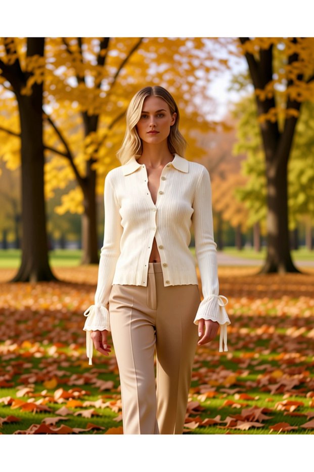 Women's Timeless Elegance Corded Fabric Polo Neck Long Sleeve Cuff Tie Detail Buttoned Knitwear Cardigan