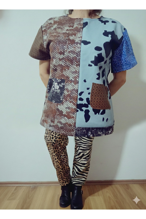 Unisex Design Genuine Lambskin Patterned Blouse, Short Sleeve Leather Shirt, Leather T-Shirt with Pockets