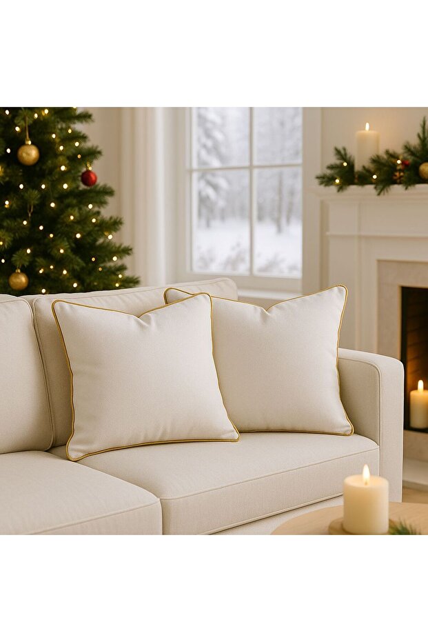 Set of 2 Cream - Yellow Piped - Decorative Throw Pillow Covers - Modern New Year Concept