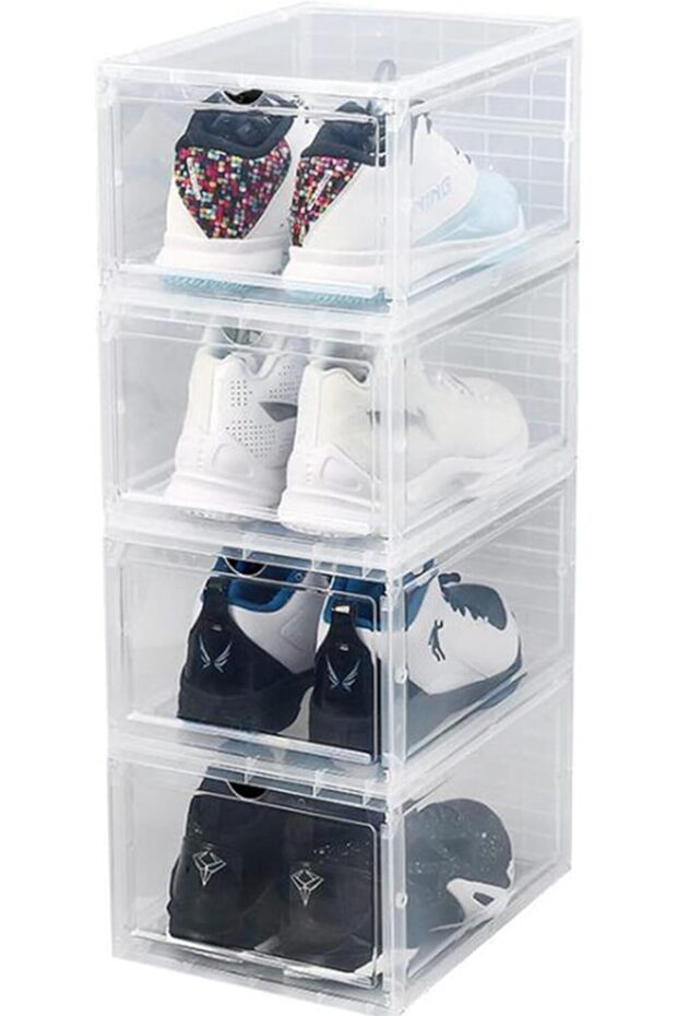 4 قطع من صناديق تخزين الأحذية الشفافة القابلة للتكديس، منظمات بلاستيكية شفافة مقاومة للغبار - 1
