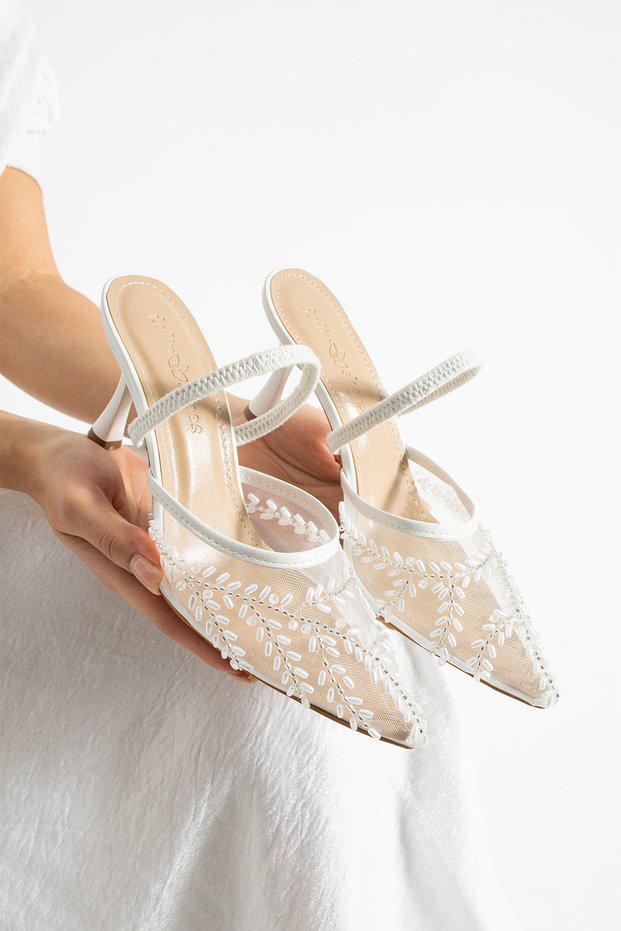 Alberta Women's Bridal Shoes with Mesh Embroidery and Bead Print Detail Women's Heels (7cm)