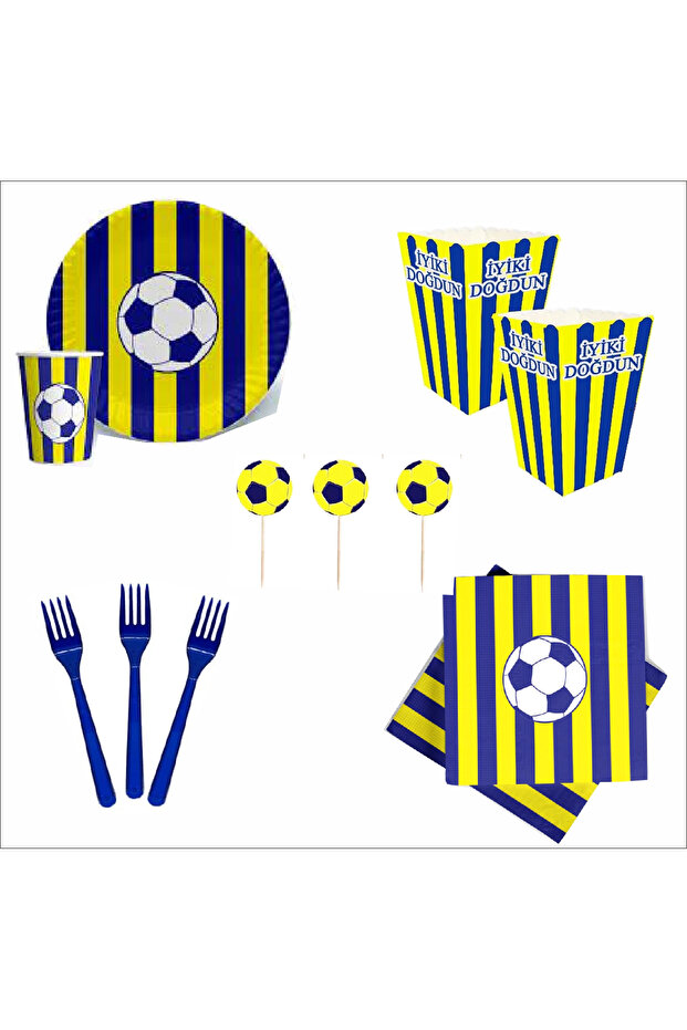 Fan Yellow Navy Blue 8 Plates, 8 Glasses, 8 Corn Boxes, 10 Napkins, 10 Forks, 10 Toothpicks