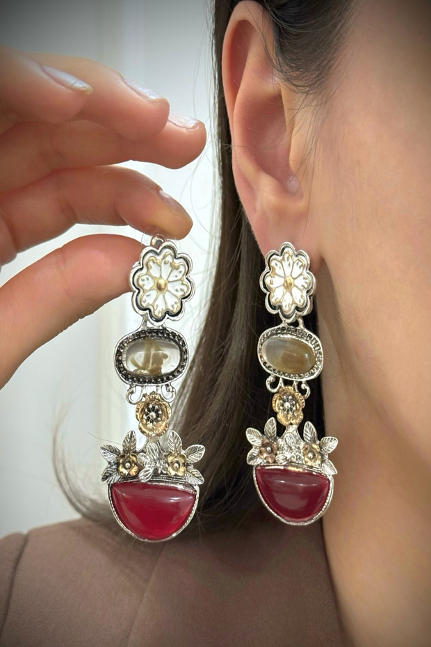 Zr Model Antique Flower Burgundy Stone Vintage Design Brand Earrings