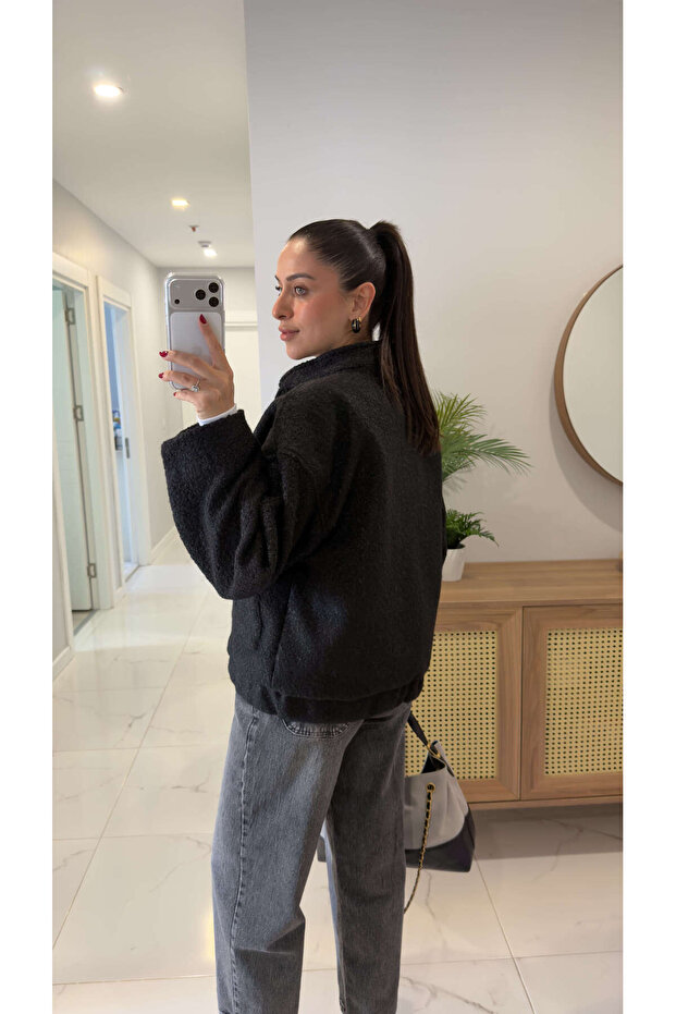 Leyora Siyah Düğmeli Kaşe Ceket - 3