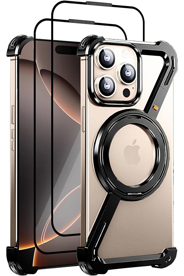 Minimalist Metal Frameless Case with 360° Kickstand for iP 16 Pro Max (Black+2 Glass)