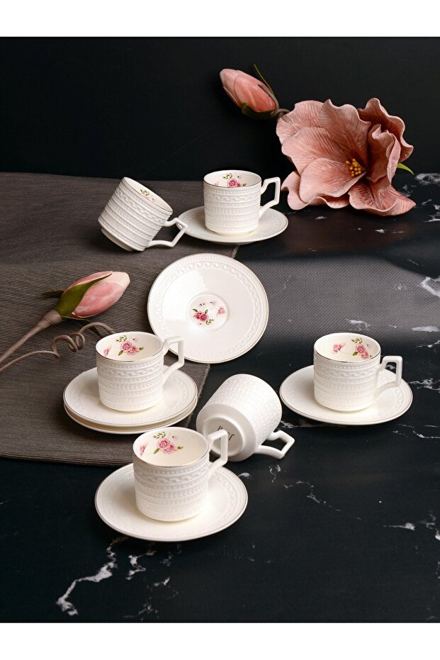 Lunaria Embossed Flowers 6 Person Coffee Cup Set