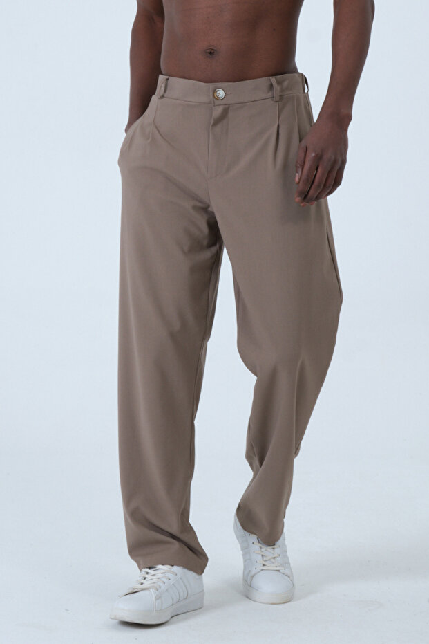 High Waist Wide Leg Baggy Fit Mink Men's Fabric Pants