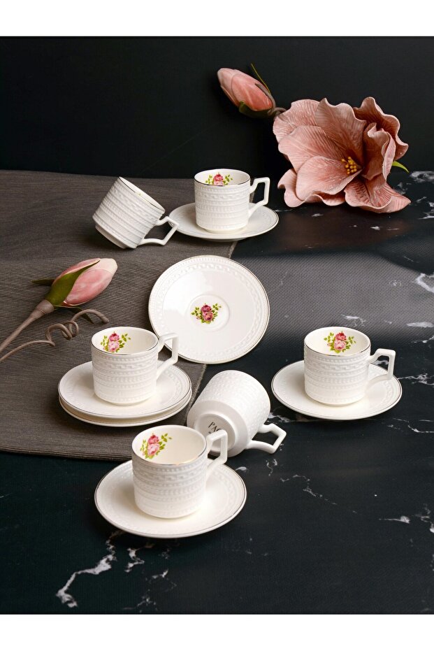 Lunaria Embossed Flowers 6 Person Coffee Cup Set