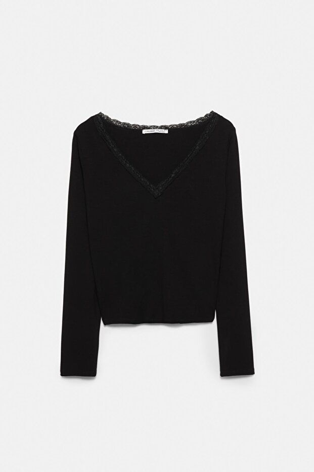 Dantel yakalı t-shirt - 5