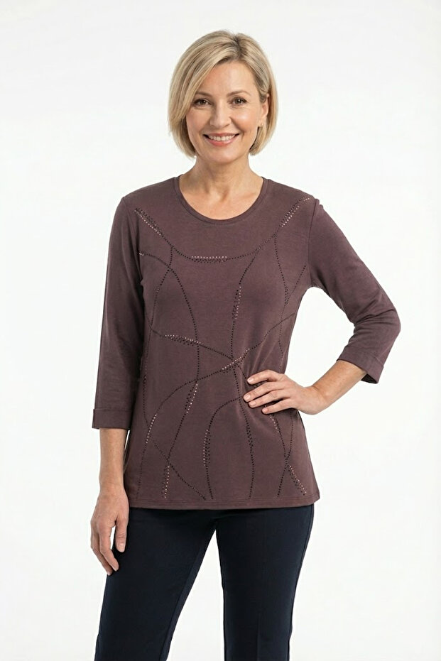 Women's Plus Size Stretch Fabric Crew Neck Stone Print Three Quarter Sleeve (4 Transitional) Mother T-Shirt Combed Cotton Blouse