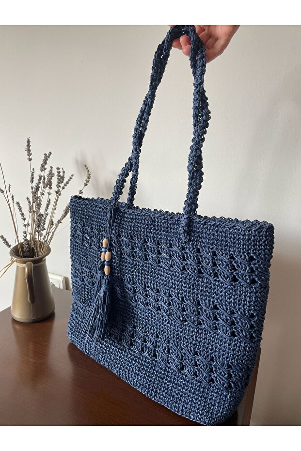 Navy Blue Handmade Paper String Knitted Casual Strap Shoulder Bag with Lining, Pockets, Snaps