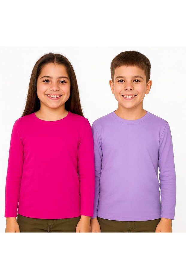 Unisex Girls and Boys Crew Neck Long Sleeve 2-Piece Set Badi T-Shirt Dark Pink-Lila