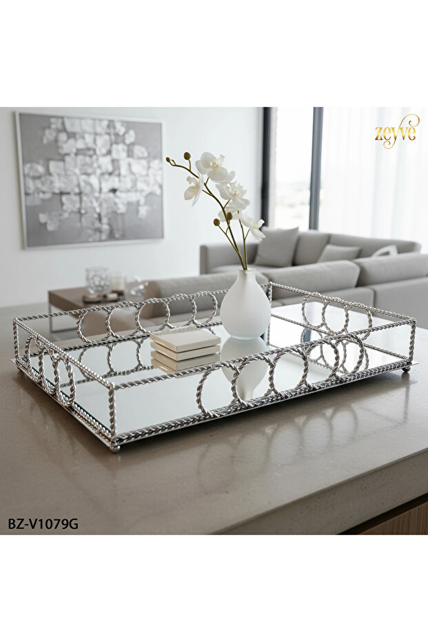 صينية ديكور أنيقة على شكل حلقة حلزونية مع مرآة مستطيلة الشكل 51×36×9 سم - 1