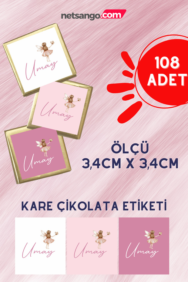 Netsan Etiket Özel İsimli 108 Adet Çikolata Etiketi Yapışkanlı 3,4 X 3,4cm Kuşe Sticker Pembe Peri Kız Desen