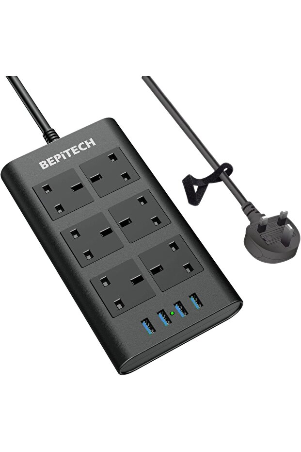 10-in-1 Power Strip: 6 UK-UAE Outlets + 4 USB, 2m Cable