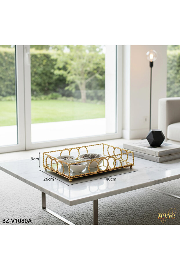 صينية ديكور أنيقة على شكل حلقة حلزونية مستطيلة الشكل مع مرآة، مقاس 40×26×9 سم - 2